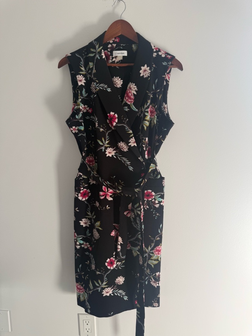 Calvin Klein Floral Wrap Dress Size 12 | Elegant Belted Black Summer Dress